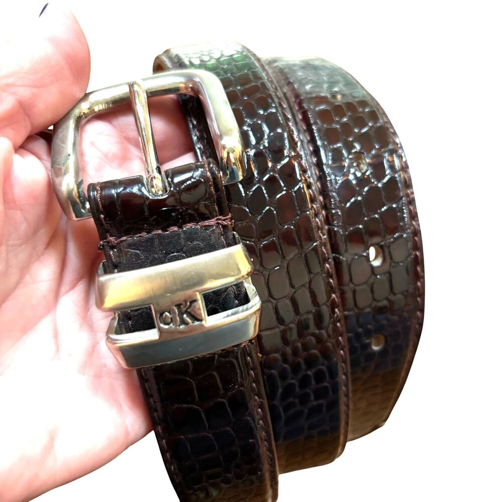 Calvin Klein belt textured brown patent finish silver hardware size L leather